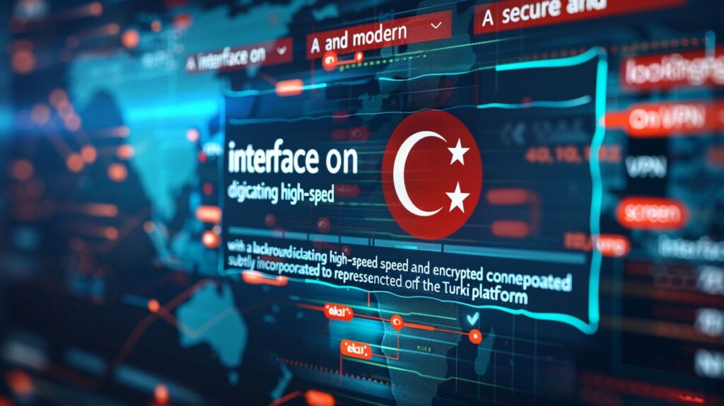 Güvenli ve modern bir VPN arayüzü, hızlı ve şifreli bağlantıyı gösteren dijital cihaz ekranı ve Türk platformu 'ekşi'yi temsil eden Türk bayrağı ile zarif bir şekilde entegre edilmiş arka plan