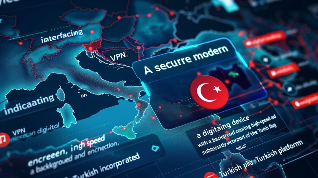 Türk platformu 'ekşi'yi temsil eden Türk bayrağı ile süslenmiş, yüksek hızlı ve şifreli bağlantı gösteren modern VPN arayüzü