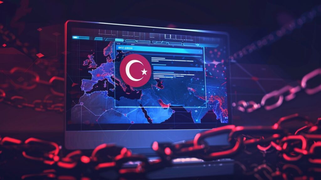 Ücretsiz VPN Türkiye sunucusu gösteren bilgisayar ekranı ve özgürlüğü simgeleyen kırık zincirler