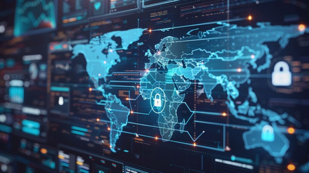 Dünya haritası gösteren bilgisayar ekranı ve VPN bağlantısının güvenliğini simgeleyen şeffaf kilit simgesi