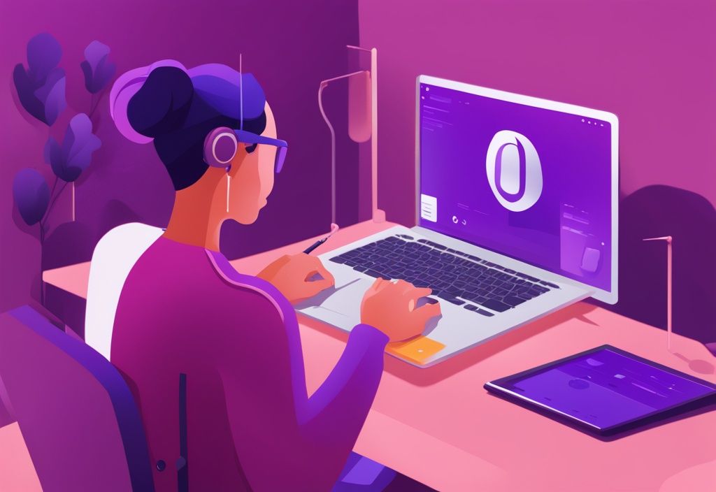 Opera VPN nasıl kullanılır: Mor renk temalı modern dijital resimde, bir kullanıcı dizüstü bilgisayarında Opera tarayıcısının ayarlarında VPN özelliğini etkinleştiriyor.