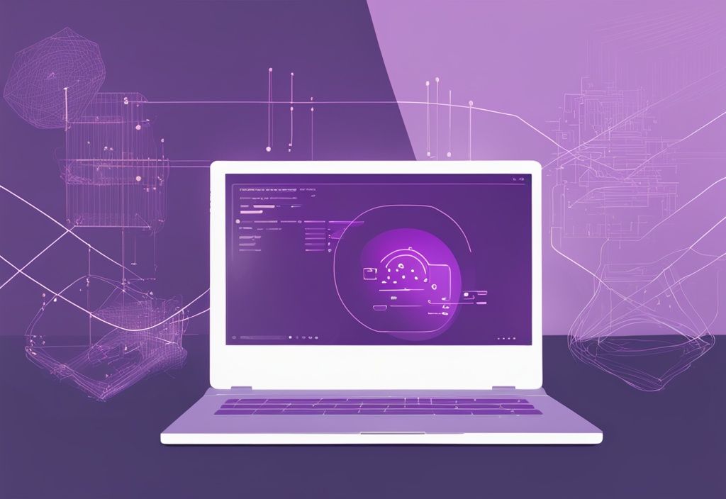 Modern dijital resim illüstrasyonu, mor renk temasıyla; dizüstü bilgisayar ekranında ağ ayarları penceresi ve vurgulanan SSID alanı. SSID nedir?